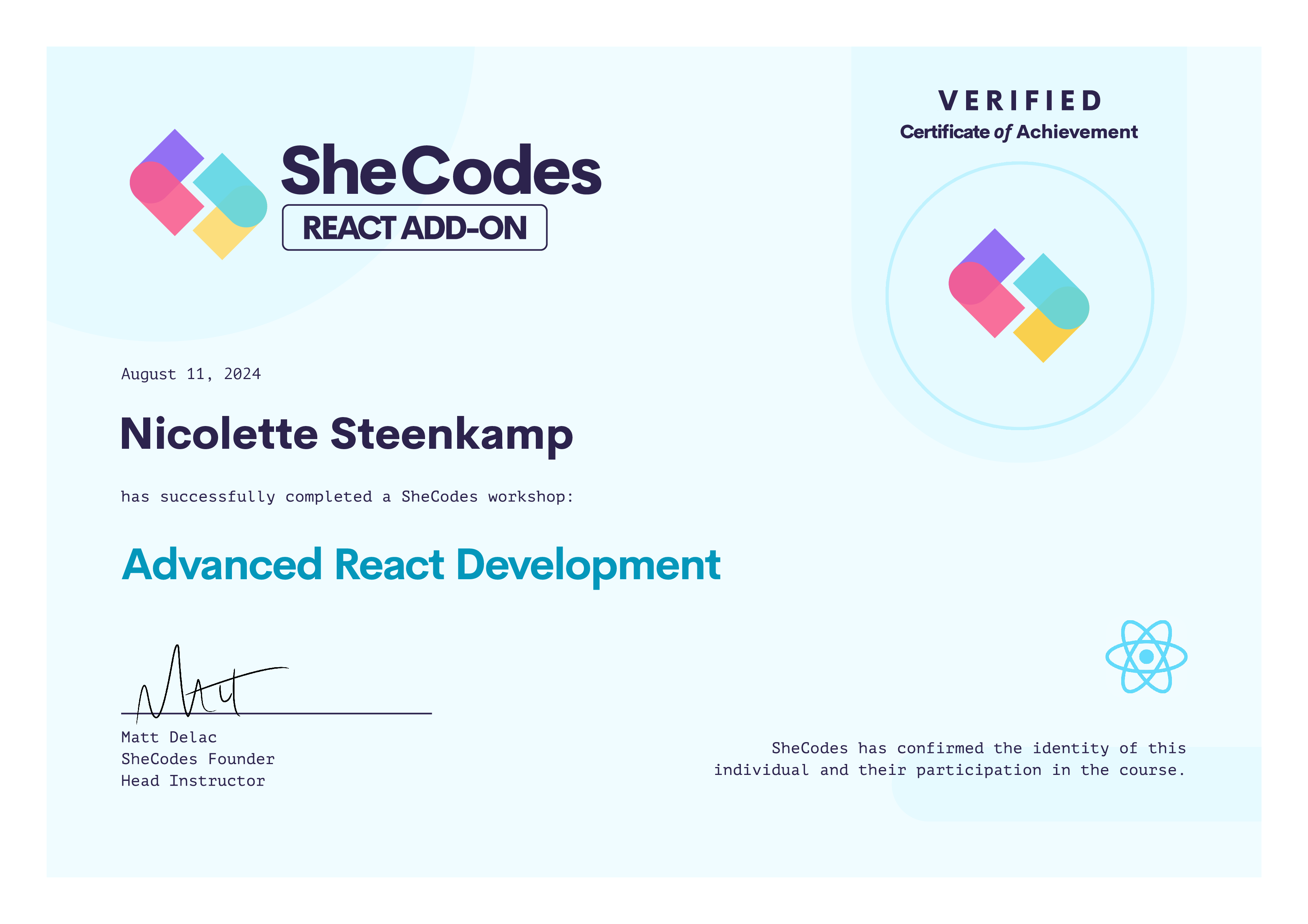 Advanced React Development Certificate